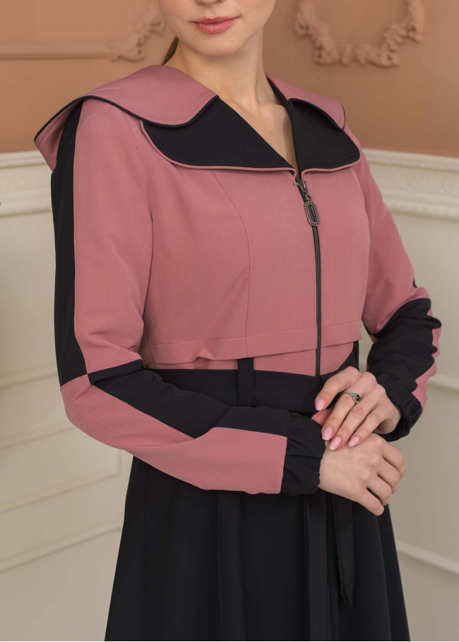 Hooded Belted Hijab Parachute Topcoat 1229 - Pink