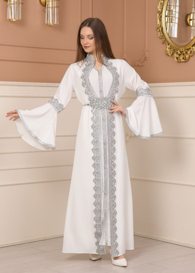 silver-embroidered kaftan Abiye 4109 - white