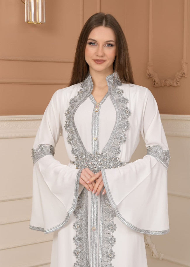 silver-embroidered kaftan Abiye 4109 - white