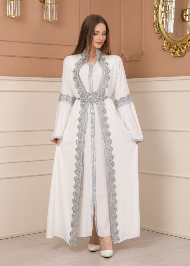 silver-embroidered kaftan Abiye 4109 - white