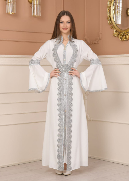 silver-embroidered kaftan Abiye 4109 - white - summer clothes - Moda Mix