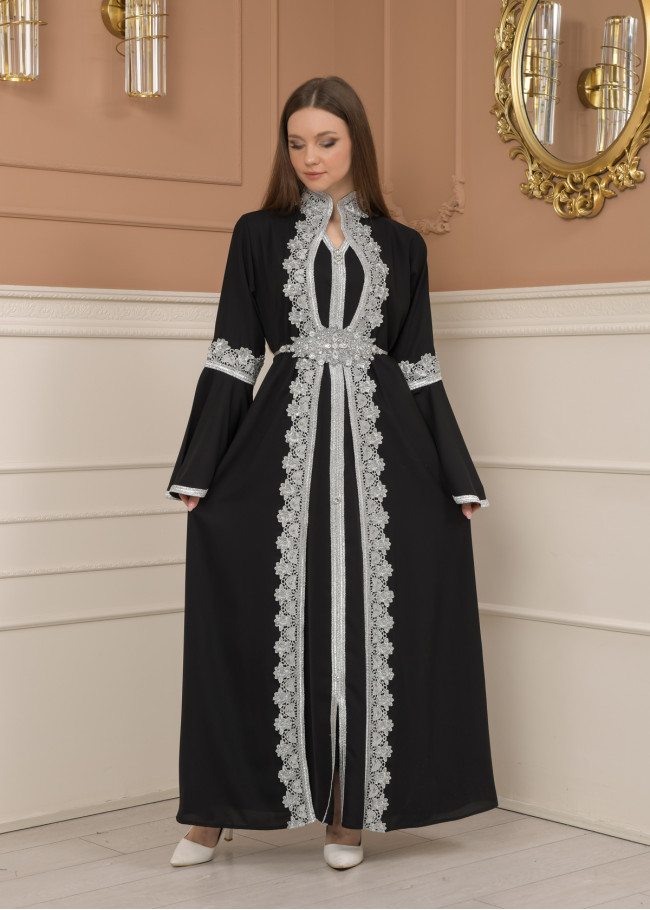 silver-embroidered kaftan Abiye 4109 - black