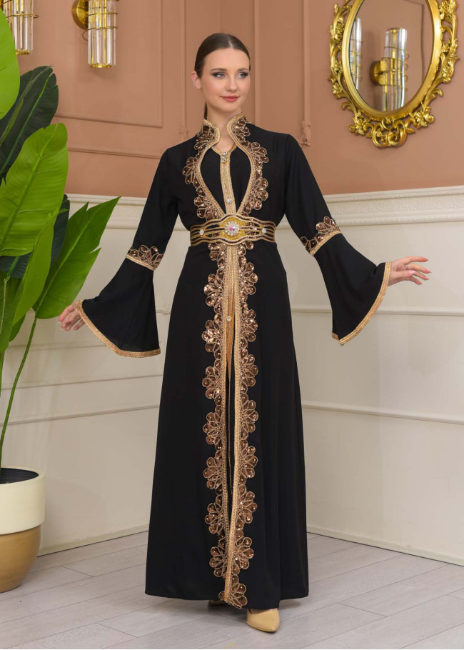 Gold-embroidered kaftan Abiye4110 - black