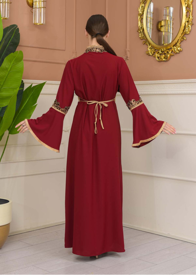Altın işlemli  kaftan Abiye Elbise 4110 - Bordo