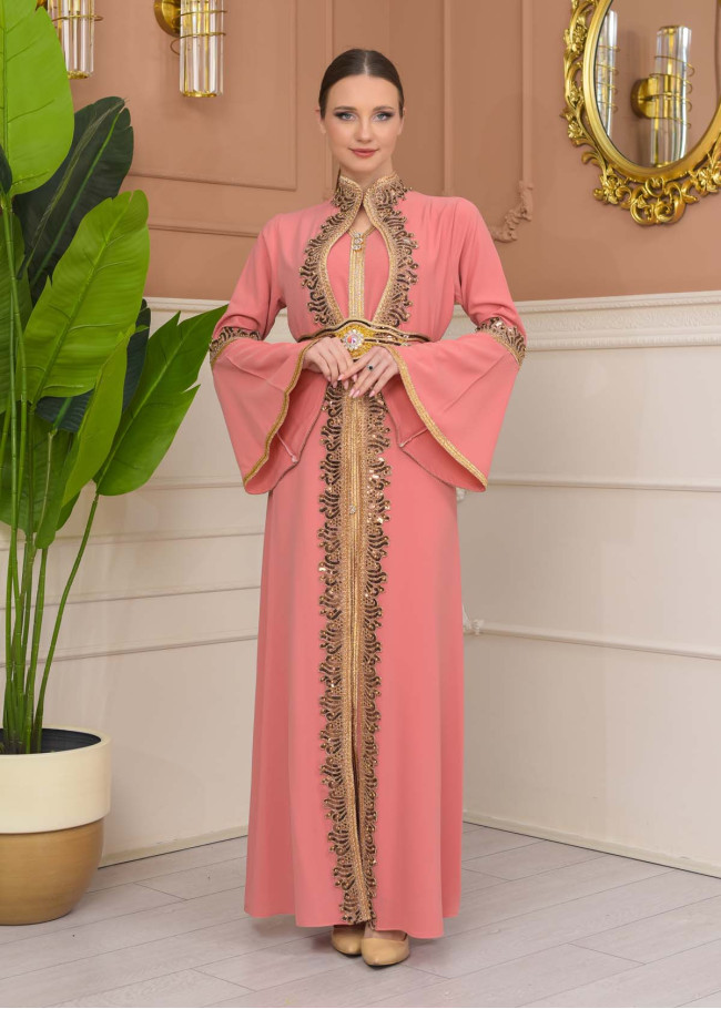 Altın işlemli  kaftan Abiye Elbise 4110 - Pembe