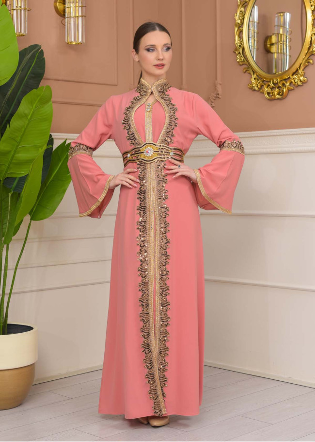 Altın işlemli  kaftan Abiye Elbise 4110 - Pembe