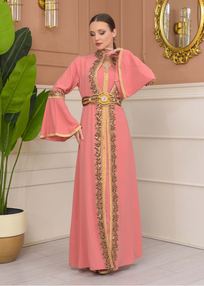 Altın işlemli  kaftan Abiye Elbise 4110 - Pembe