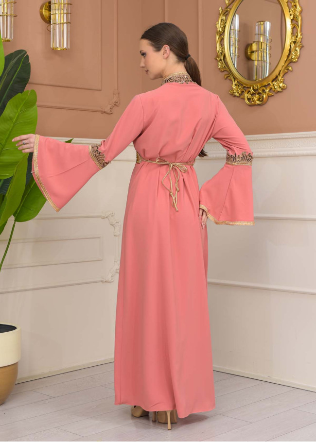 Altın işlemli  kaftan Abiye Elbise 4110 - Pembe