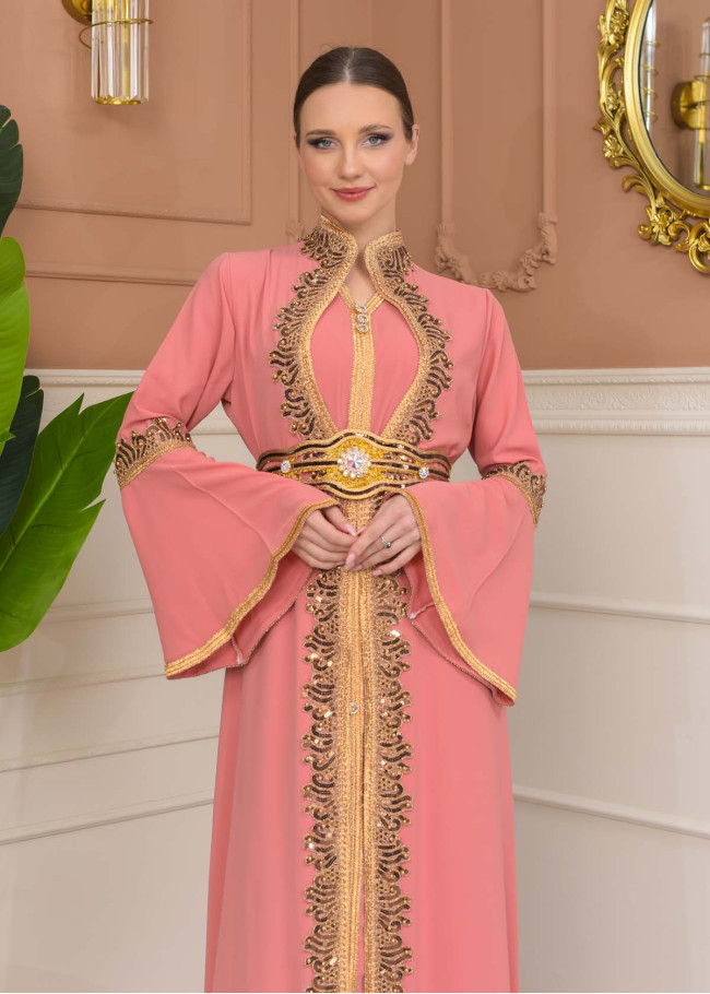 Altın işlemli  kaftan Abiye Elbise 4110 - Pembe