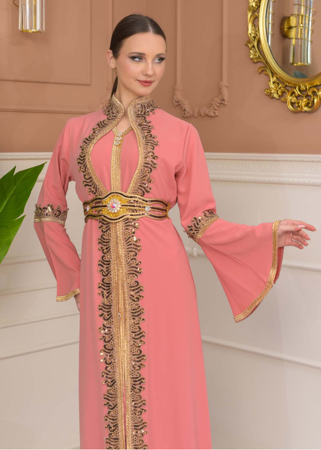 Altın işlemli  kaftan Abiye Elbise 4110 - Pembe