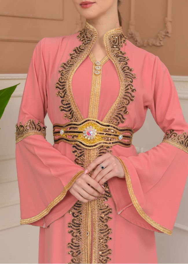 Altın işlemli  kaftan Abiye Elbise 4110 - Pembe