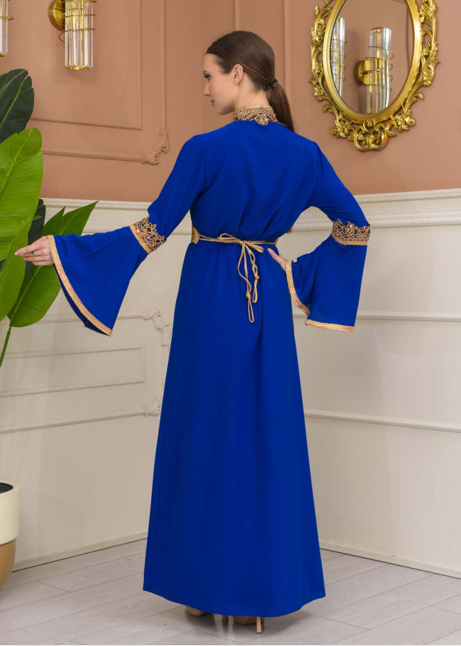 Altın işlemli  kaftan Abiye Elbise 4110 - Mavi