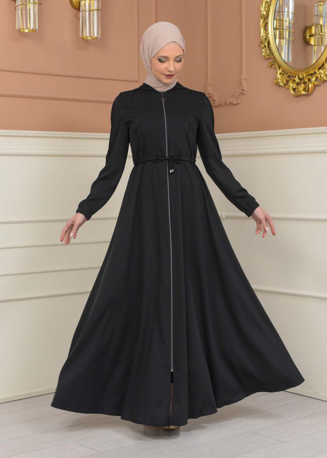 Women's Hooded Abaya with Detachable Belt 694 - black