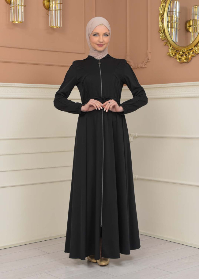 Women's Hooded Abaya with Detachable Belt 694 - black