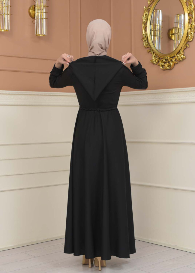 Women's Hooded Abaya with Detachable Belt 694 - black