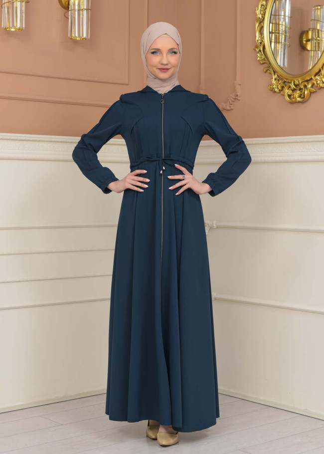 Women's Hooded Abaya with Detachable Belt 694 - turquoise