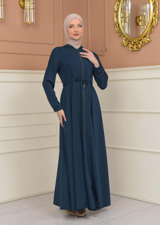 Women's Hooded Abaya with Detachable Belt 694 - turquoise