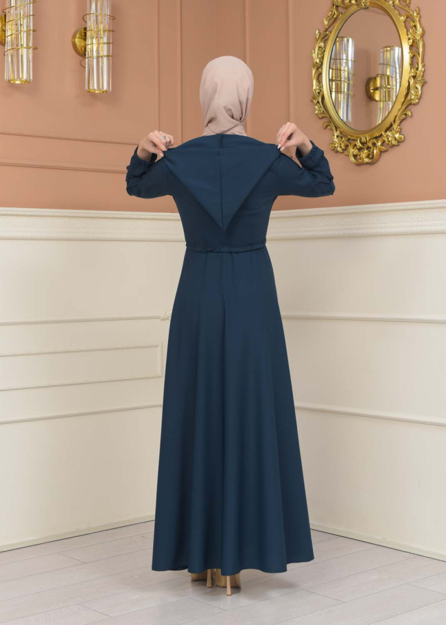 Women's Hooded Abaya with Detachable Belt 694 - turquoise