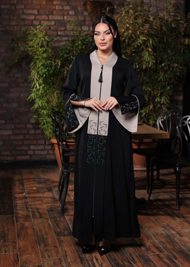 FARSAN KUMAŞLI ELMAS TAŞLI ABAYA FERACE 693 - Ekru