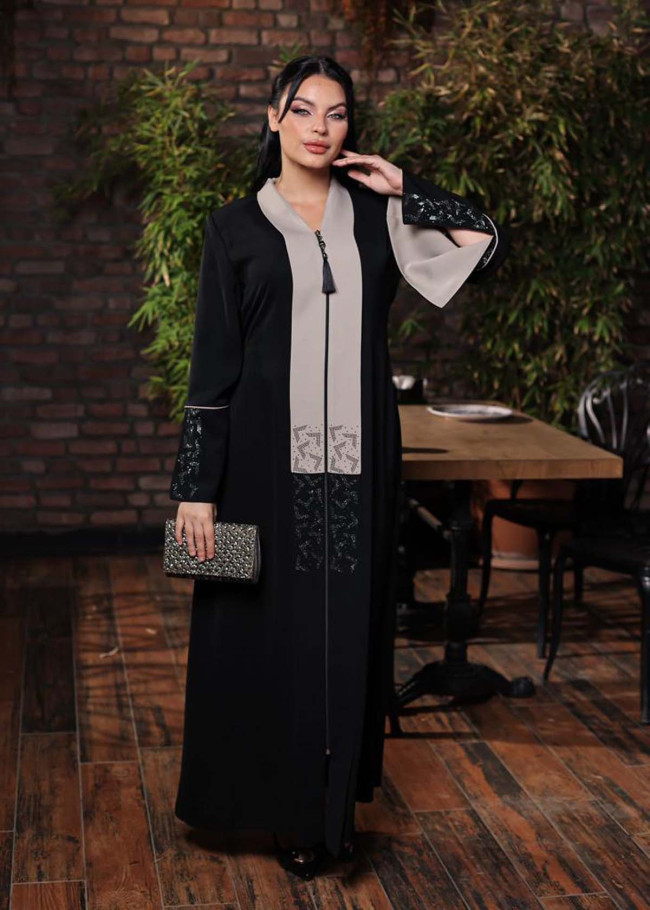 FARSAN KUMAŞLI ELMAS TAŞLI ABAYA FERACE 693 - Ekru