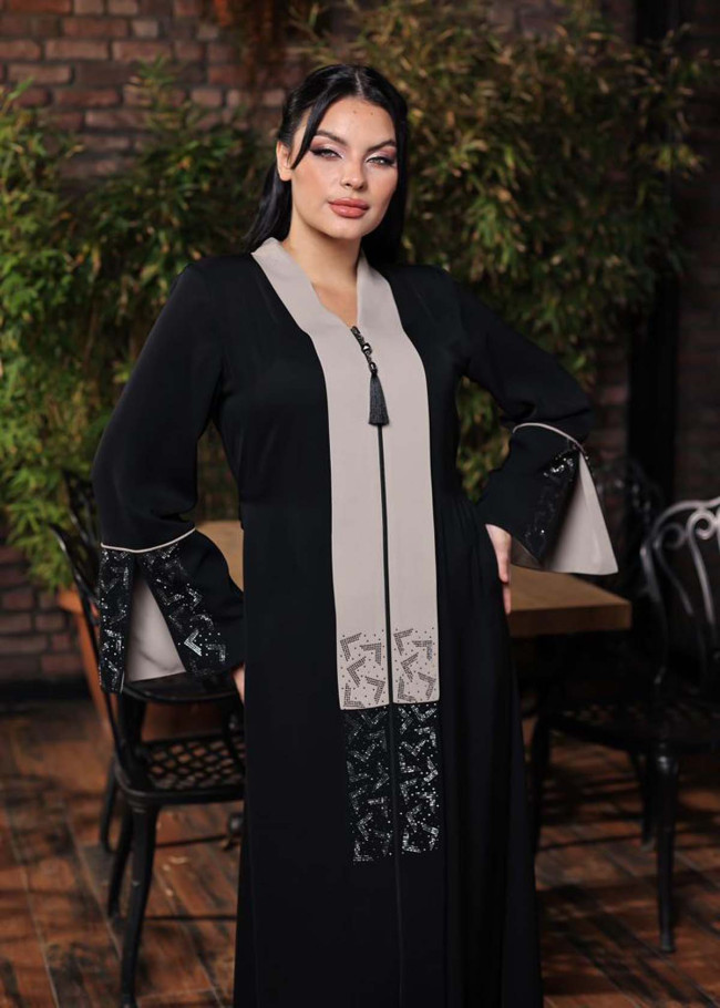 FARSAN KUMAŞLI ELMAS TAŞLI ABAYA FERACE 693 - Ekru
