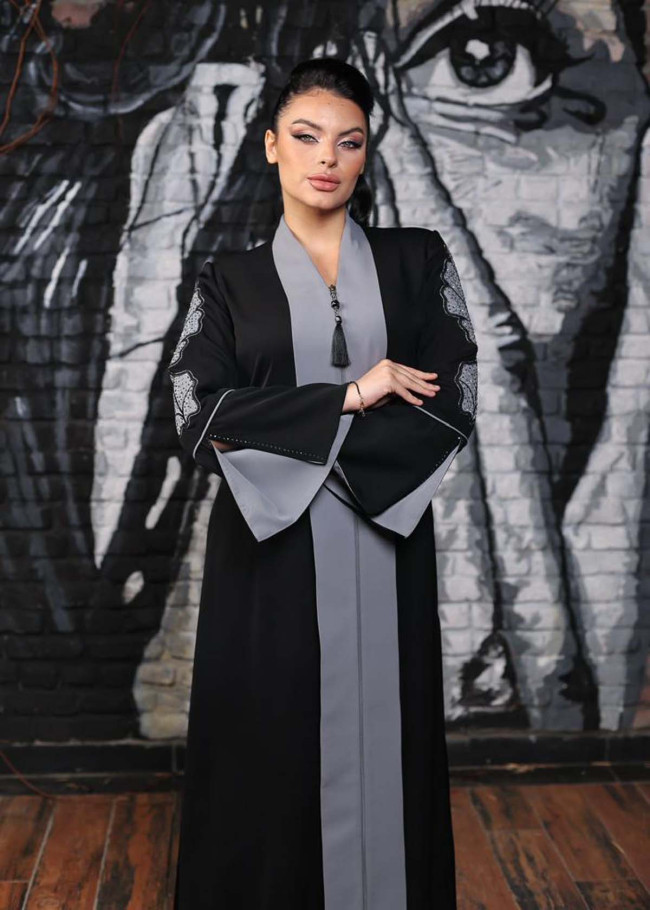 Modest Abaya with Embroidered Sleeves 690 - gray