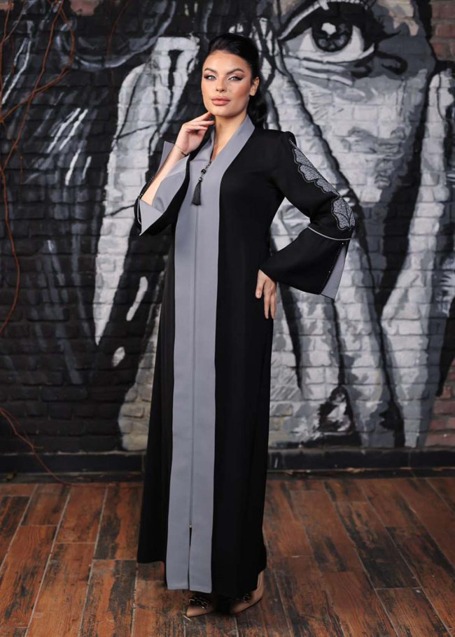 Modest Abaya with Embroidered Sleeves 690 - gray