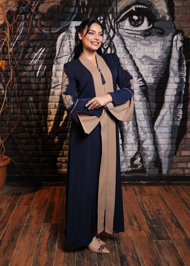 Modest Embroidered Pocket Bell Sleeve casual Abaya Navy Blue