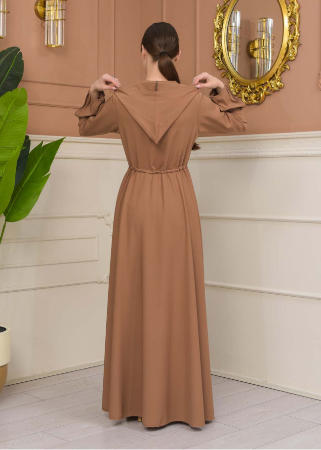 Hooded Abaya with Detachable Belt 686 - beige