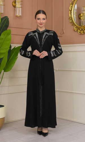 Modest Rosa Risa Abaya Adorned with Crystals 689 - Schwarz