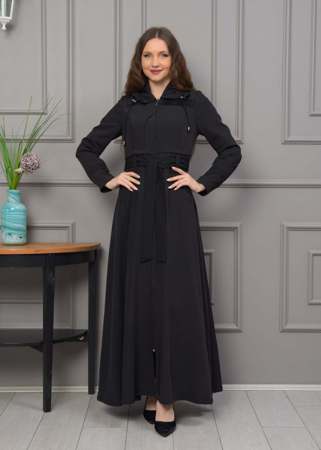 Belted Hooded Hijabi Prada Topcoat 1231 - black