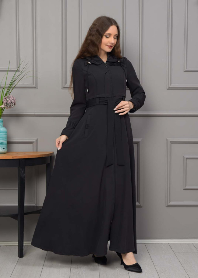 Belted Hooded Hijabi Prada Topcoat 1231 - black