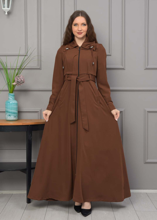 Belted Hooded Hijabi Prada Topcoat 1231 - brown