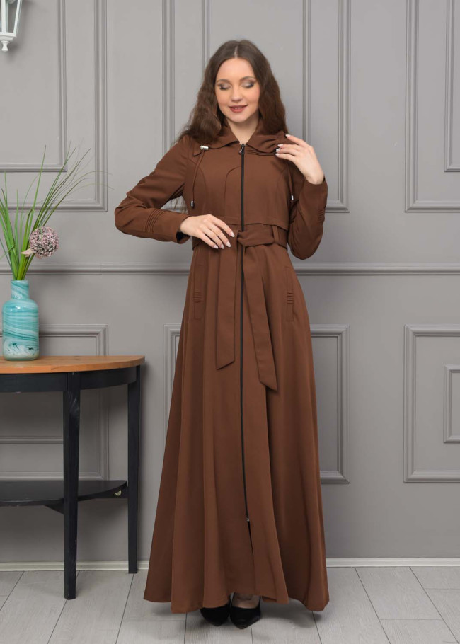 Belted Hooded Hijabi Prada Topcoat 1231 - brown