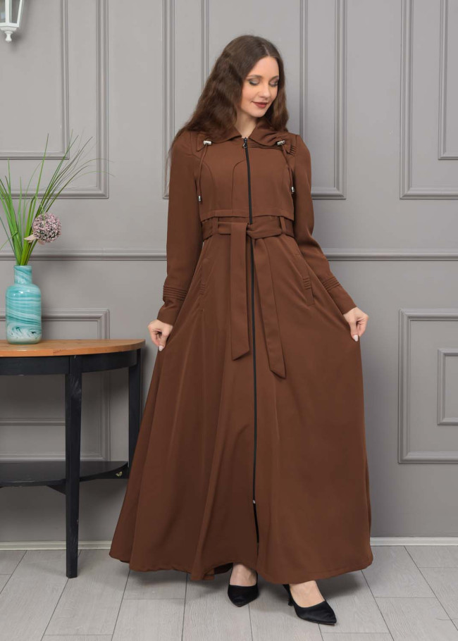 Belted Hooded Hijabi Prada Topcoat 1231 - brown