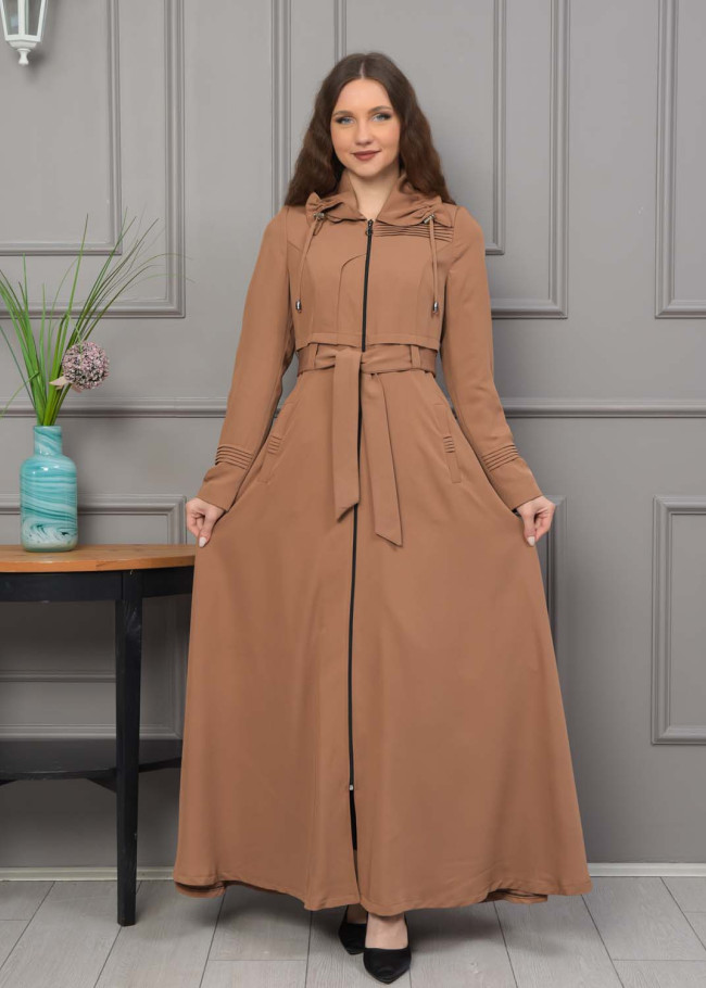 Belted Hooded Hijabi Prada Topcoat 1231 - tan
