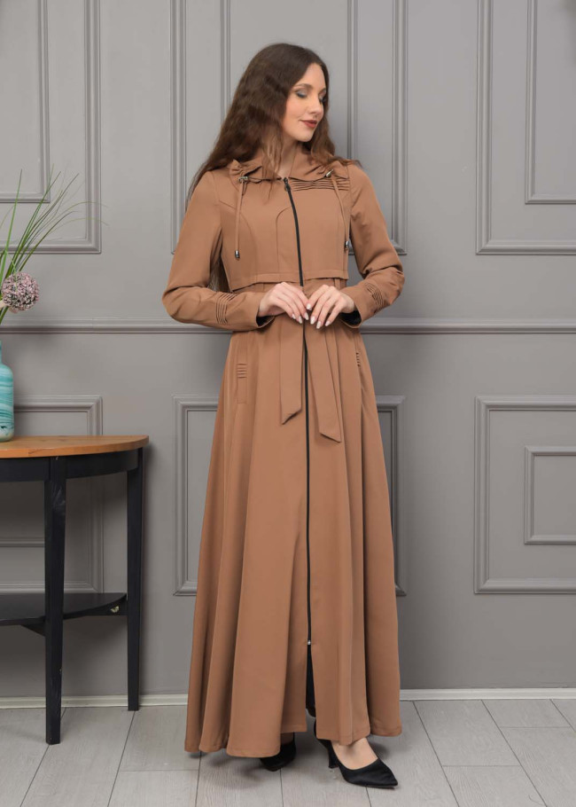 Belted Hooded Hijabi Prada Topcoat 1231 - tan