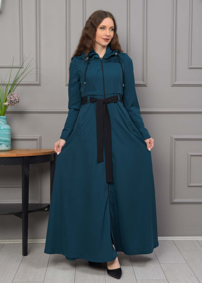 Belted Hooded Hijabi Prada Topcoat 1231 - turquoise