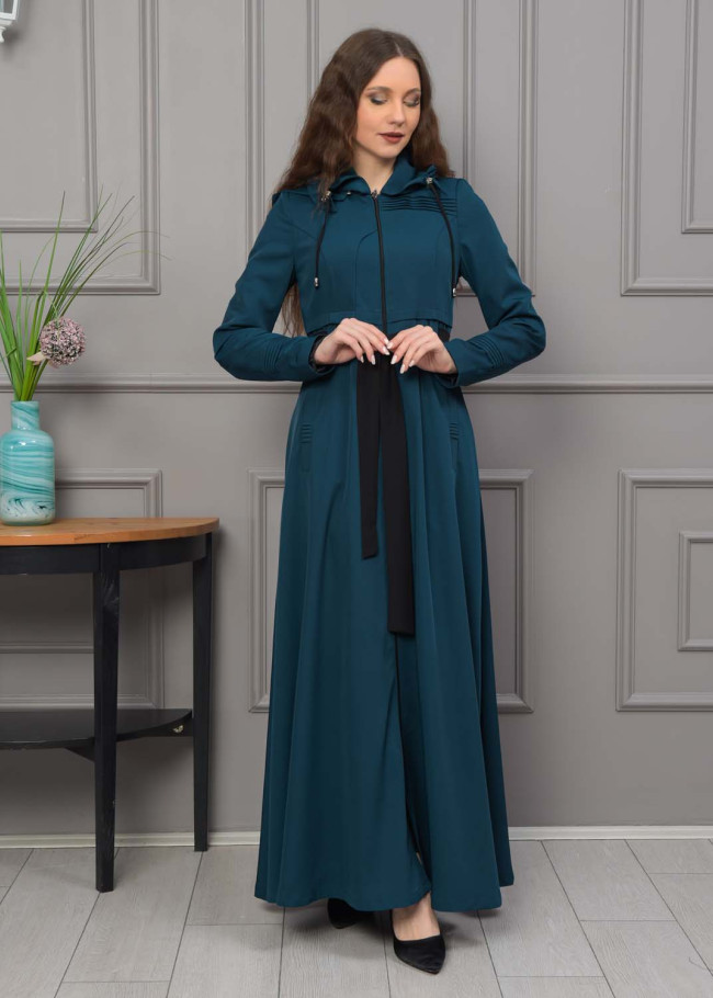 Belted Hooded Hijabi Prada Topcoat 1231 - turquoise