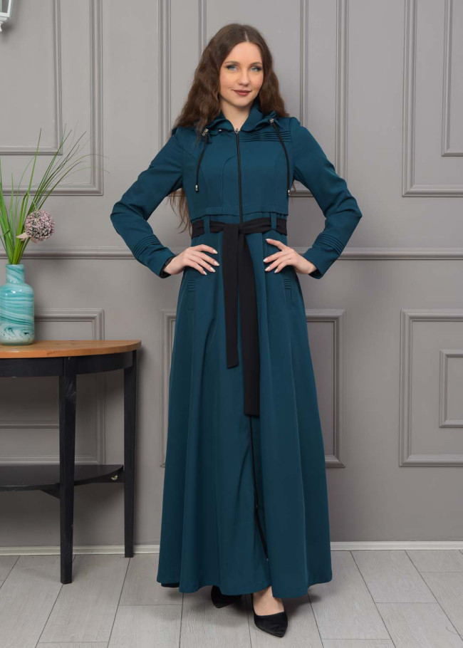 Belted Hooded Hijabi Prada Topcoat 1231 - turquoise