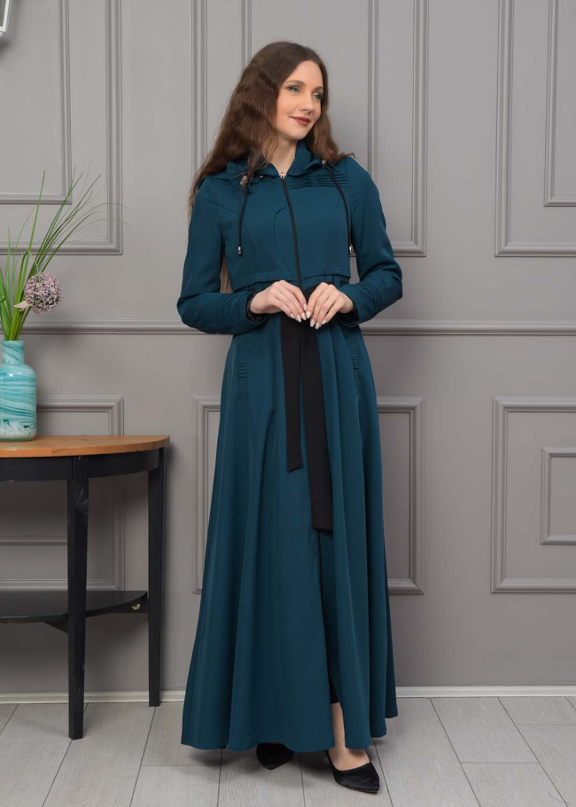 Belted Hooded Hijabi Prada Topcoat 1231 - turquoise