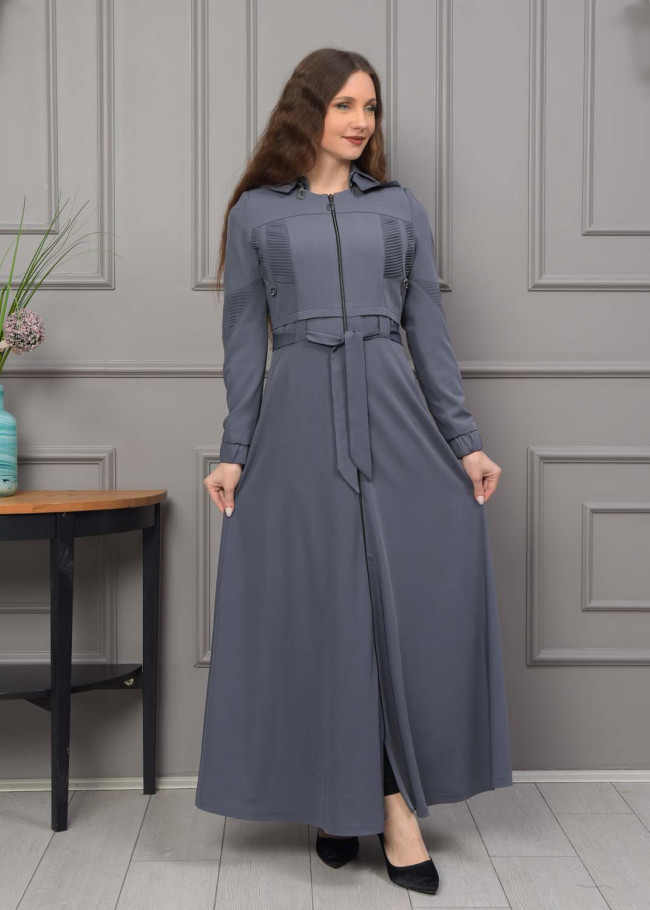 Hooded Belted Hijabi Prada Topcoat 1232 - gray