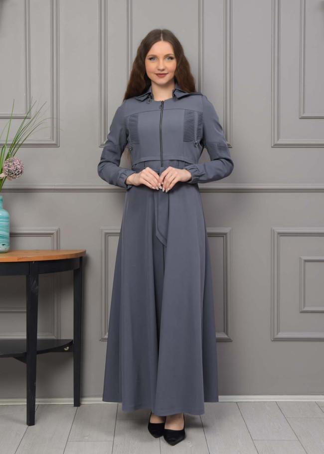 Hooded Belted Hijabi Prada Topcoat 1232 - gray