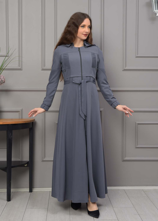 Hooded Belted Hijabi Prada Topcoat 1232 - gray