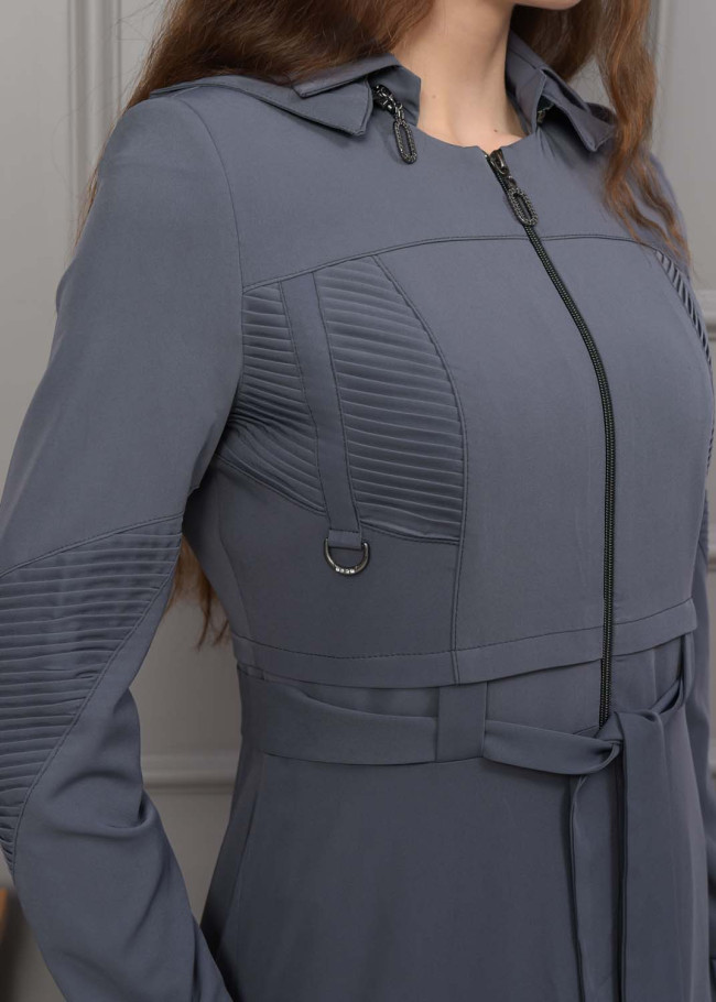 Hooded Belted Hijabi Prada Topcoat 1232 - gray