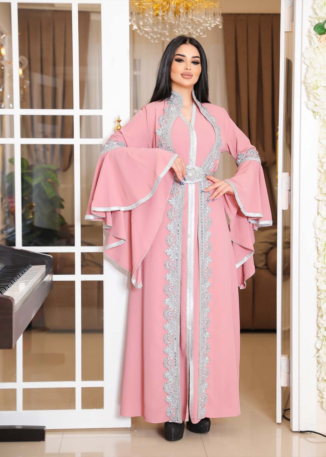 SİLVER EMBROIDERED 2-PIECE SET ABAYA AND DRESS 4111 - pink
