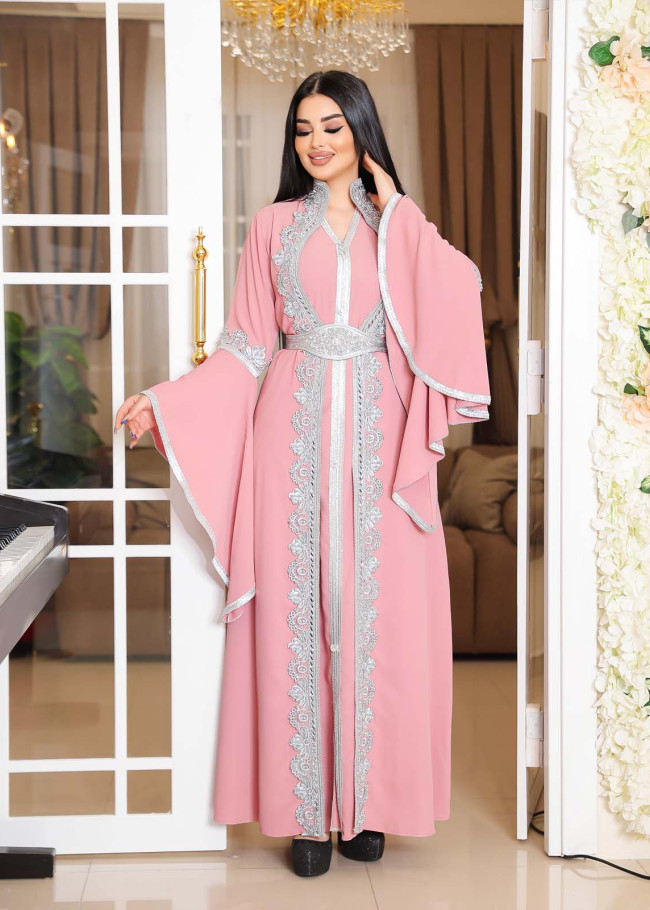 SİLVER EMBROIDERED 2-PIECE SET ABAYA AND DRESS 4111 - pink