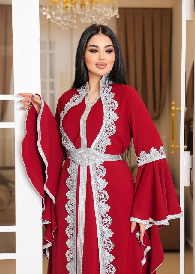 SİLVER EMBROIDERED 2-PIECE SET ABAYA AND DRESS 4111 - burgundy