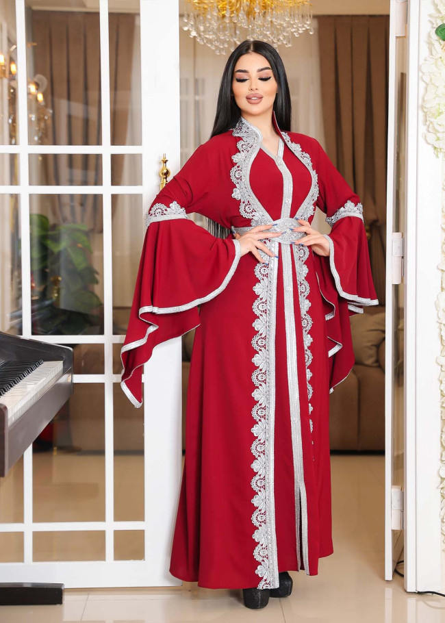 SİLVER EMBROIDERED 2-PIECE SET ABAYA AND DRESS 4111 - burgundy