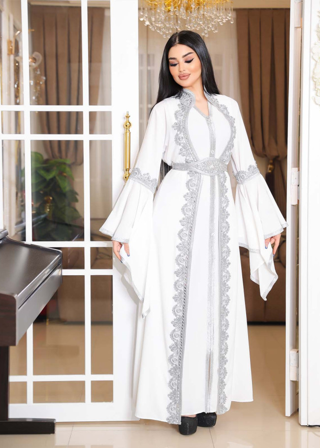 SİLVER EMBROIDERED 2-PIECE SET ABAYA AND DRESS 4111 - white